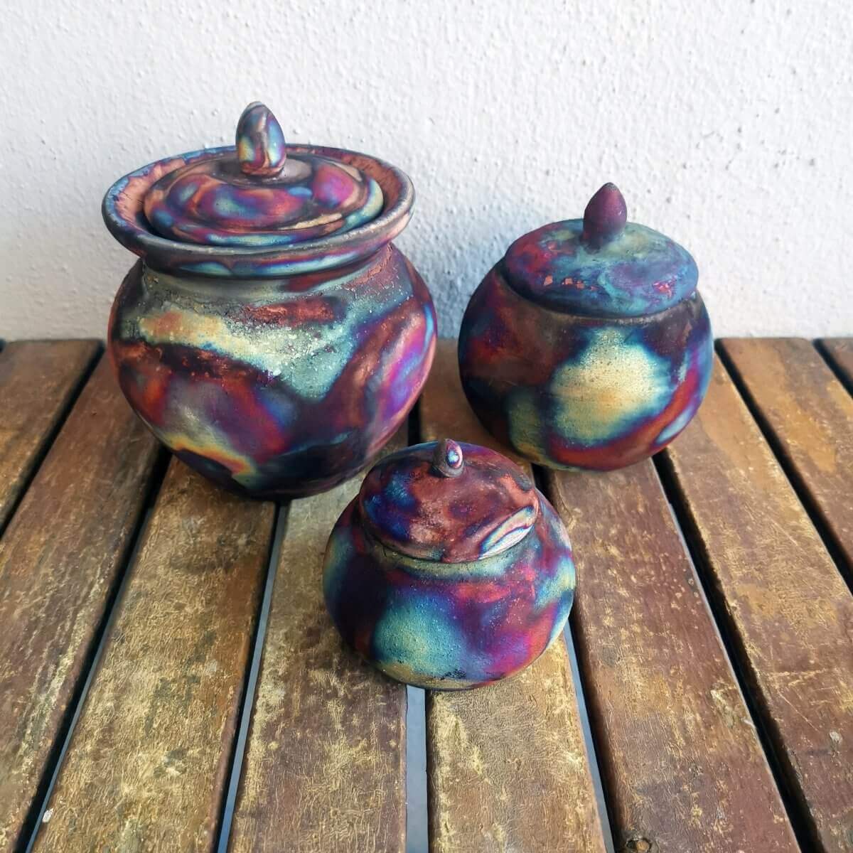RAAQUU Raku ceramic Urn Set for Remains - 5.3, 4 and 2.4 inch width set for child and pet Unique Handmade ceramic pottery raku vases, urns, and home decor, sculptures, wall decor, gifts by Adil Ghani