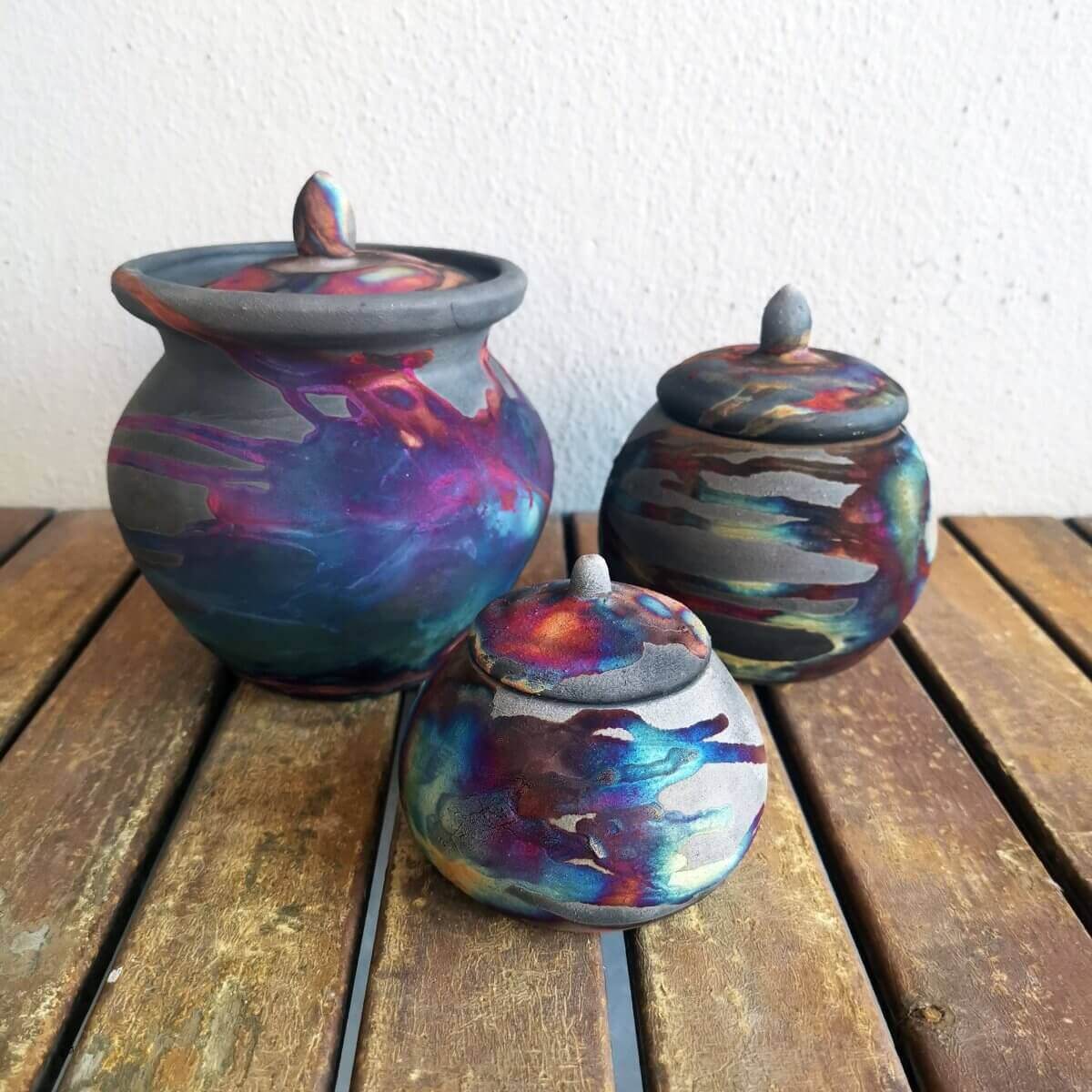 RAAQUU Raku ceramic Urn Set for Remains - 5.3, 4 and 2.4 inch width set for child and pet Unique Handmade ceramic pottery raku vases, urns, and home decor, sculptures, wall decor, gifts by Adil Ghani