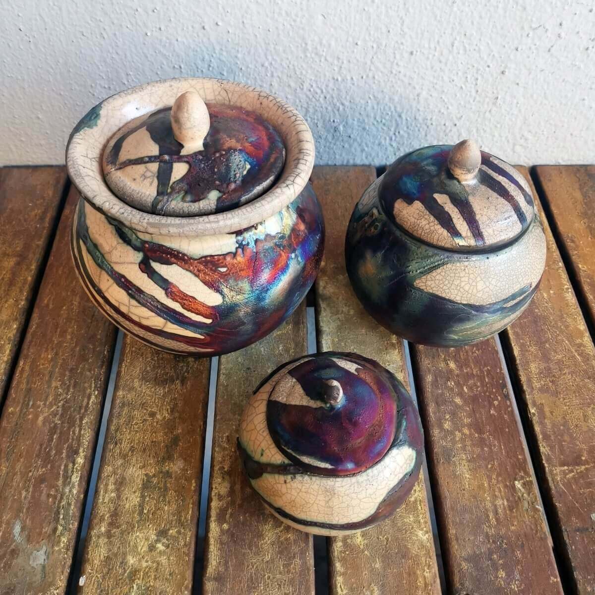RAAQUU Raku ceramic Urn Set for Remains - 5.3, 4 and 2.4 inch width set for child and pet Unique Handmade ceramic pottery raku vases, urns, and home decor, sculptures, wall decor, gifts by Adil Ghani