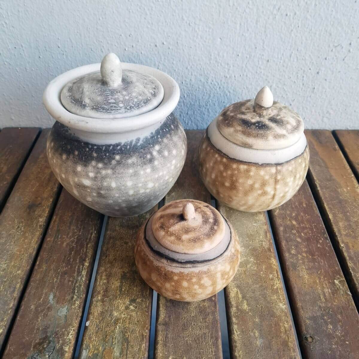 RAAQUU Raku ceramic Urn Set for Remains - 5.3, 4 and 2.4 inch width set for child and pet Unique Handmade ceramic pottery raku vases, urns, and home decor, sculptures, wall decor, gifts by Adil Ghani