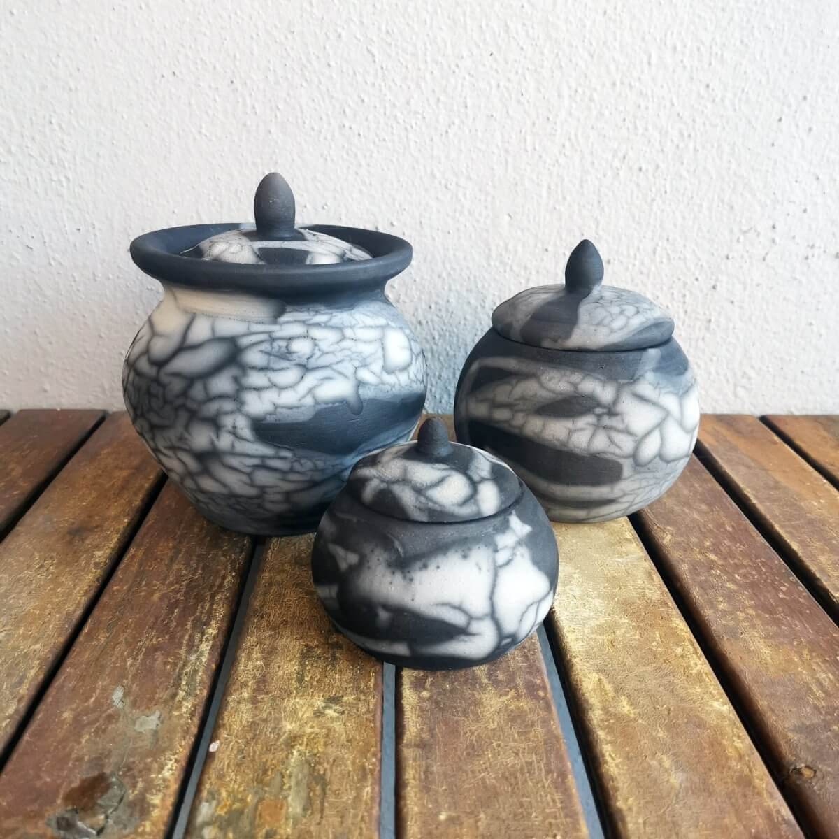 RAAQUU Raku ceramic Urn Set for Remains - 5.3, 4 and 2.4 inch width set for child and pet Unique Handmade ceramic pottery raku vases, urns, and home decor, sculptures, wall decor, gifts by Adil Ghani