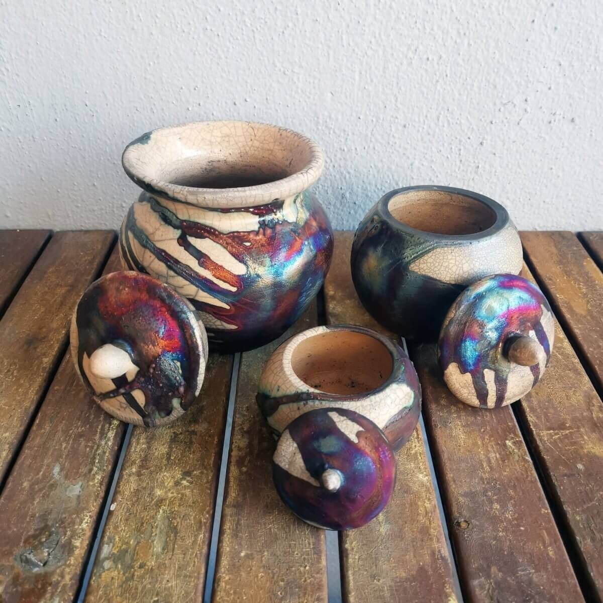 RAAQUU Raku ceramic Urn Set for Remains - 5.3, 4 and 2.4 inch width set for child and pet Unique Handmade ceramic pottery raku vases, urns, and home decor, sculptures, wall decor, gifts by Adil Ghani