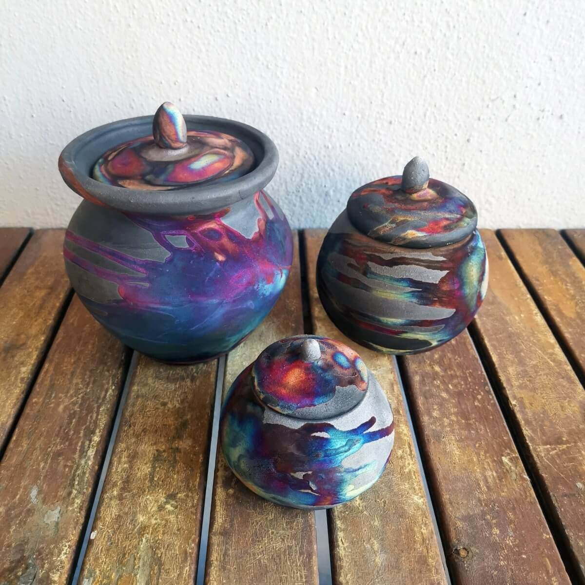 RAAQUU Raku ceramic Urn Set for Remains - 5.3, 4 and 2.4 inch width set for child and pet Unique Handmade ceramic pottery raku vases, urns, and home decor, sculptures, wall decor, gifts by Adil Ghani