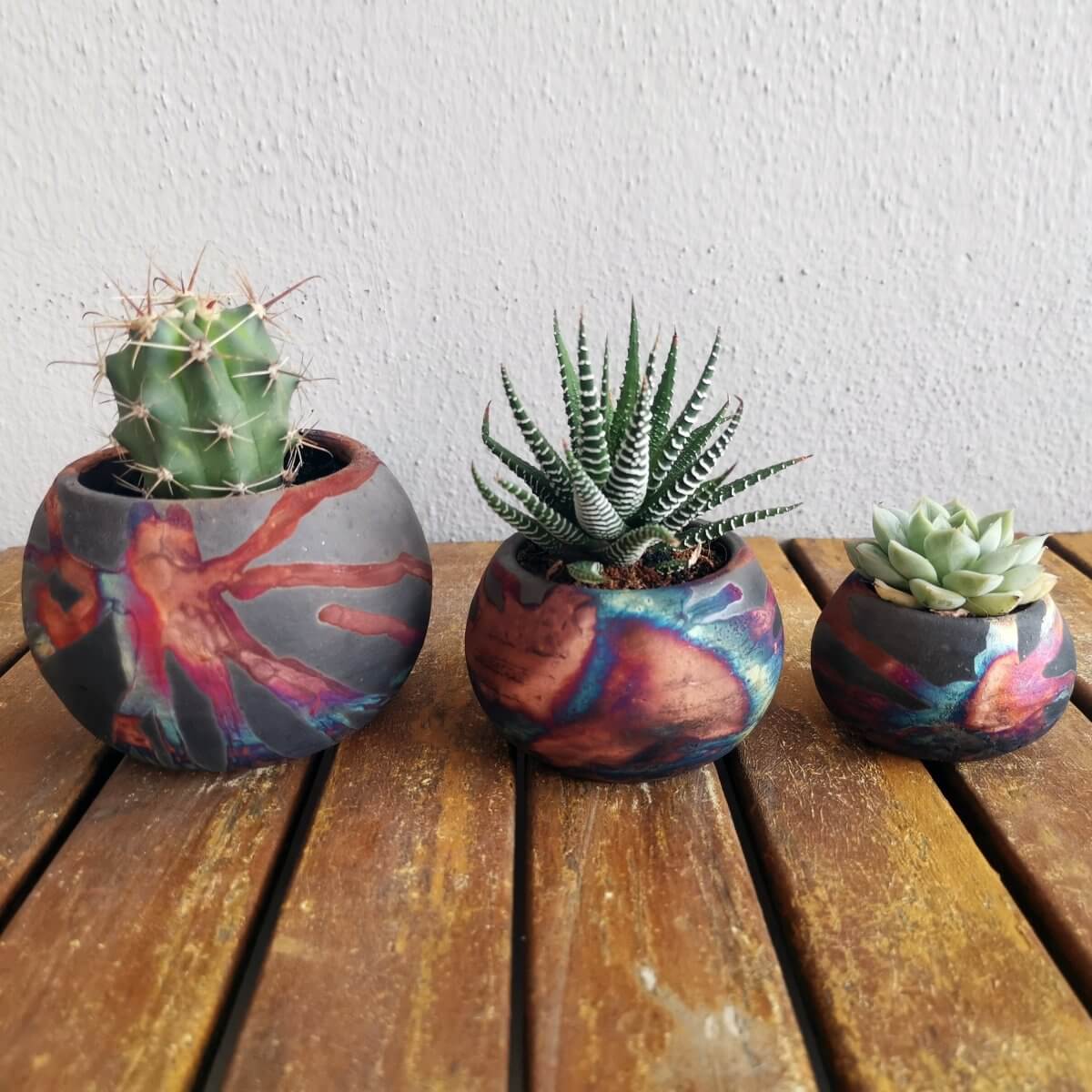 Tsuchi Ceramic Raku Pottery Planter Pot Set of 3 Unique Handmade ceramic pottery raku vases, urns, and home decor, sculptures, wall decor, gifts by Adil Ghani