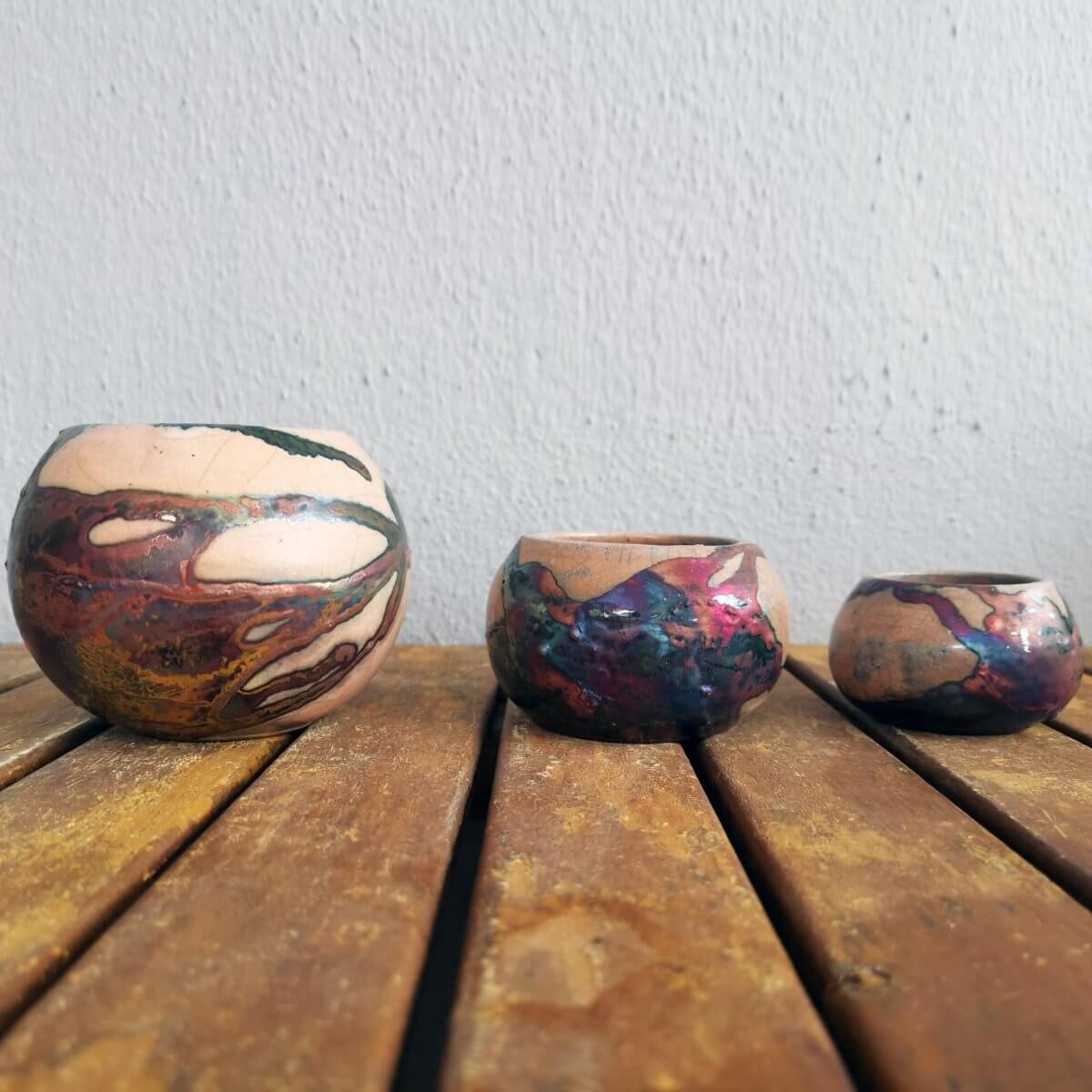 Tsuchi Ceramic Raku Pottery Planter Pot Set of 3 Unique Handmade ceramic pottery raku vases, urns, and home decor, sculptures, wall decor, gifts by Adil Ghani