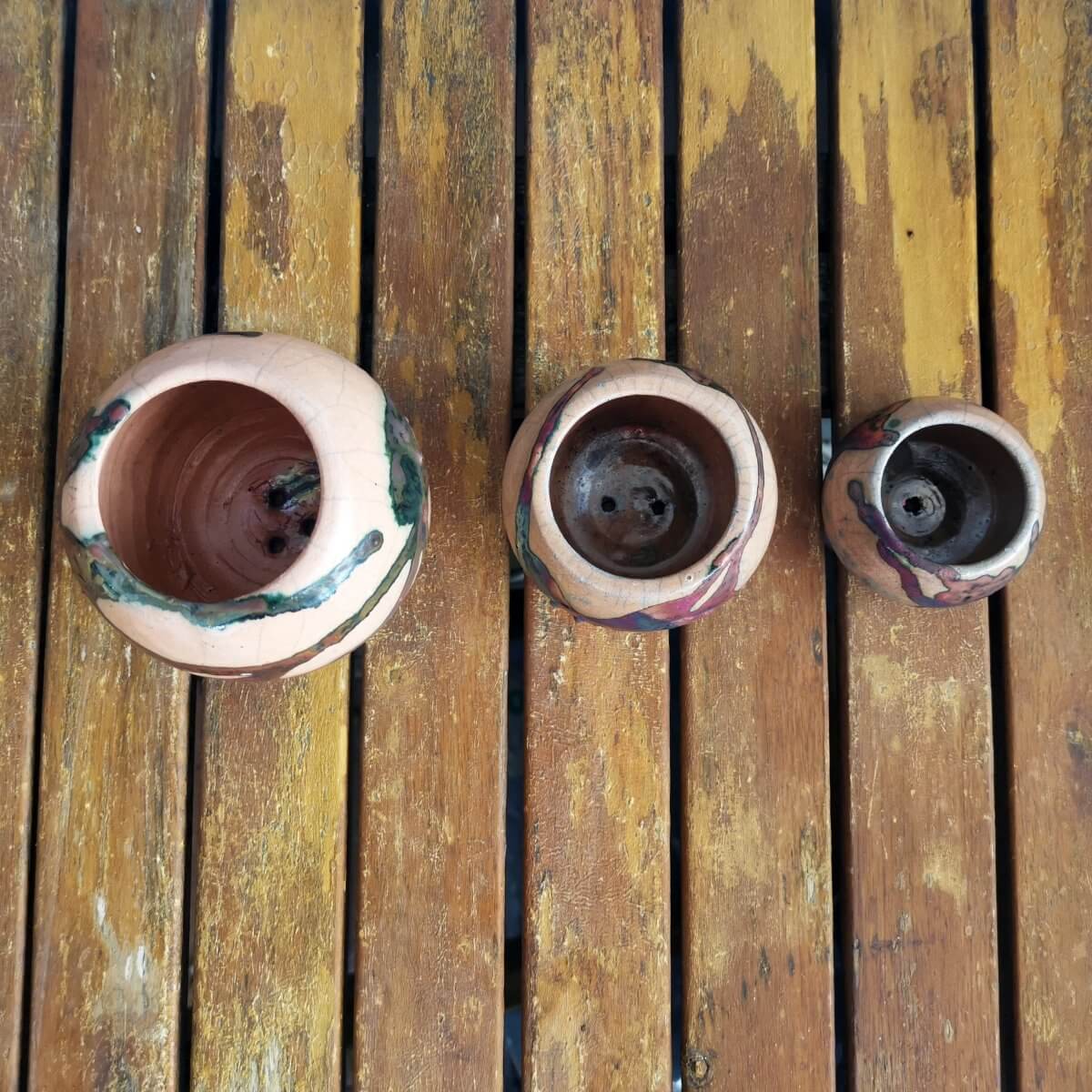 Tsuchi Ceramic Raku Pottery Planter Pot Set of 3 Unique Handmade ceramic pottery raku vases, urns, and home decor, sculptures, wall decor, gifts by Adil Ghani