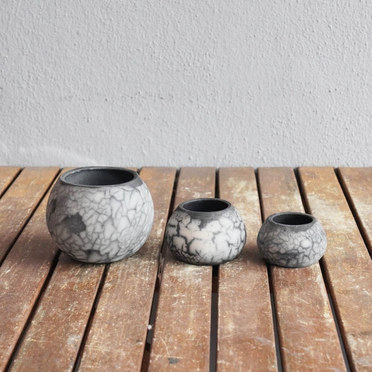 Tsuchi Ceramic Raku Pottery Planter Pot Set of 3 Unique Handmade ceramic pottery raku vases, urns, and home decor, sculptures, wall decor, gifts by Adil Ghani