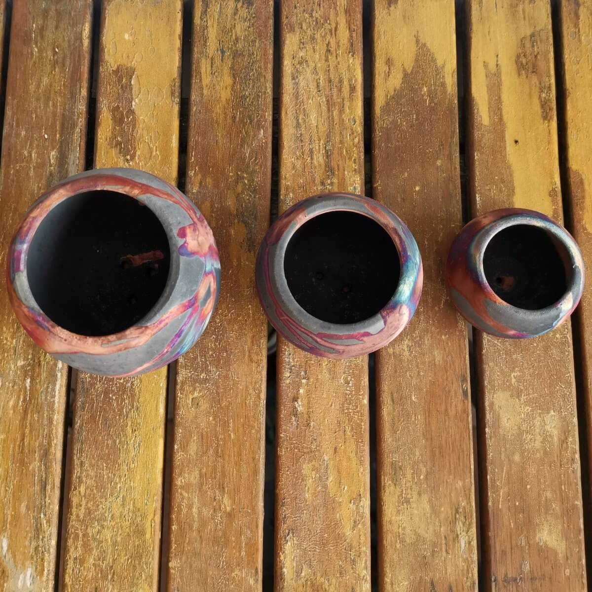 Tsuchi Ceramic Raku Pottery Planter Pot Set of 3 Unique Handmade ceramic pottery raku vases, urns, and home decor, sculptures, wall decor, gifts by Adil Ghani
