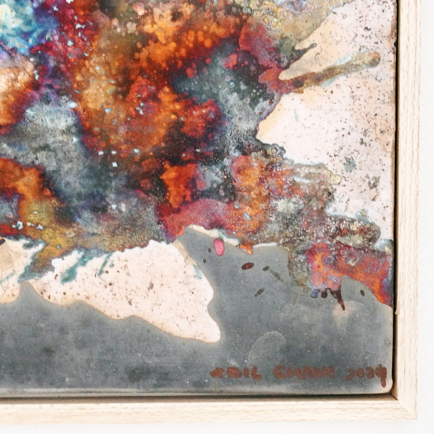 Kaiga 1 - 1' x 1' framed raku ceramic wall art - RAAQUU Serial No. 2400008