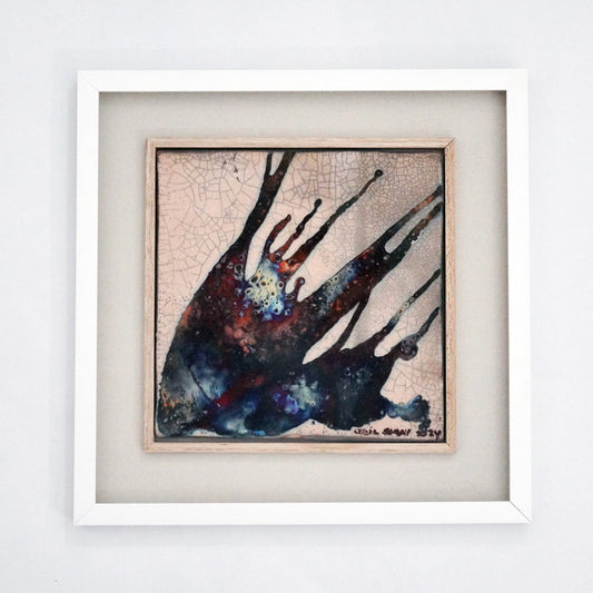 Kaiga 1 - 1' x 1' framed raku ceramic wall art - RAAQUU Serial No. 2400018