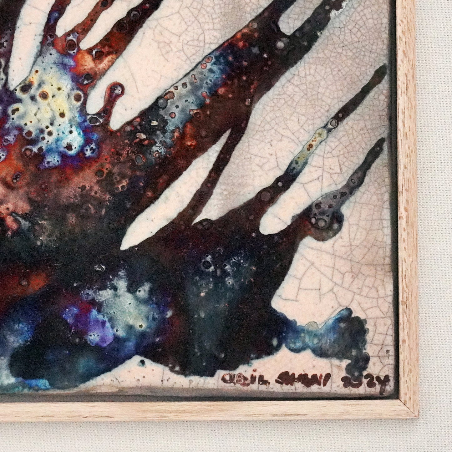 Kaiga 1 - 1' x 1' framed raku ceramic wall art - RAAQUU Serial No. 2400018