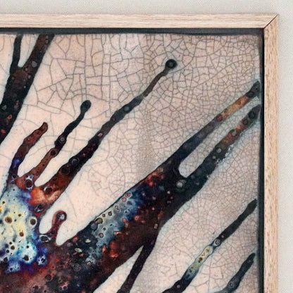 Kaiga 1 - 1' x 1' framed raku ceramic wall art - RAAQUU Serial No. 2400018