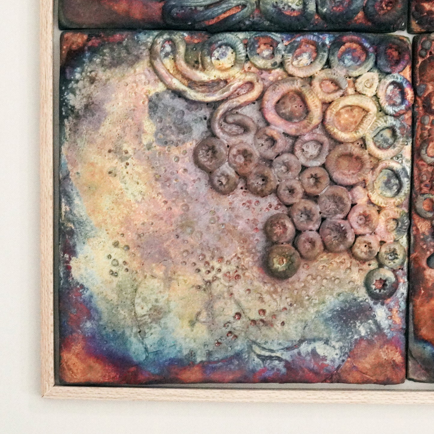 Kaiga 4 - 2' x 2' framed raku ceramic wall sculpture - RAAQUU Serial No. 2400014
