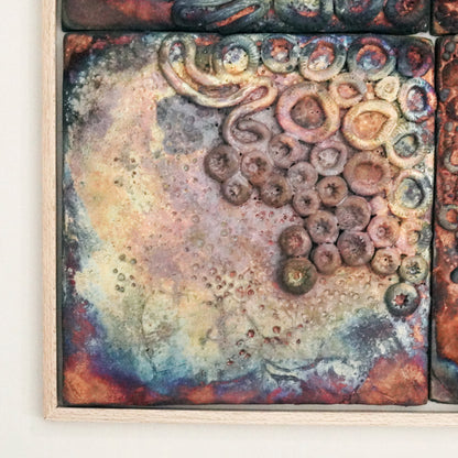 Kaiga 4 - 2' x 2' framed raku ceramic wall sculpture - RAAQUU Serial No. 2400014