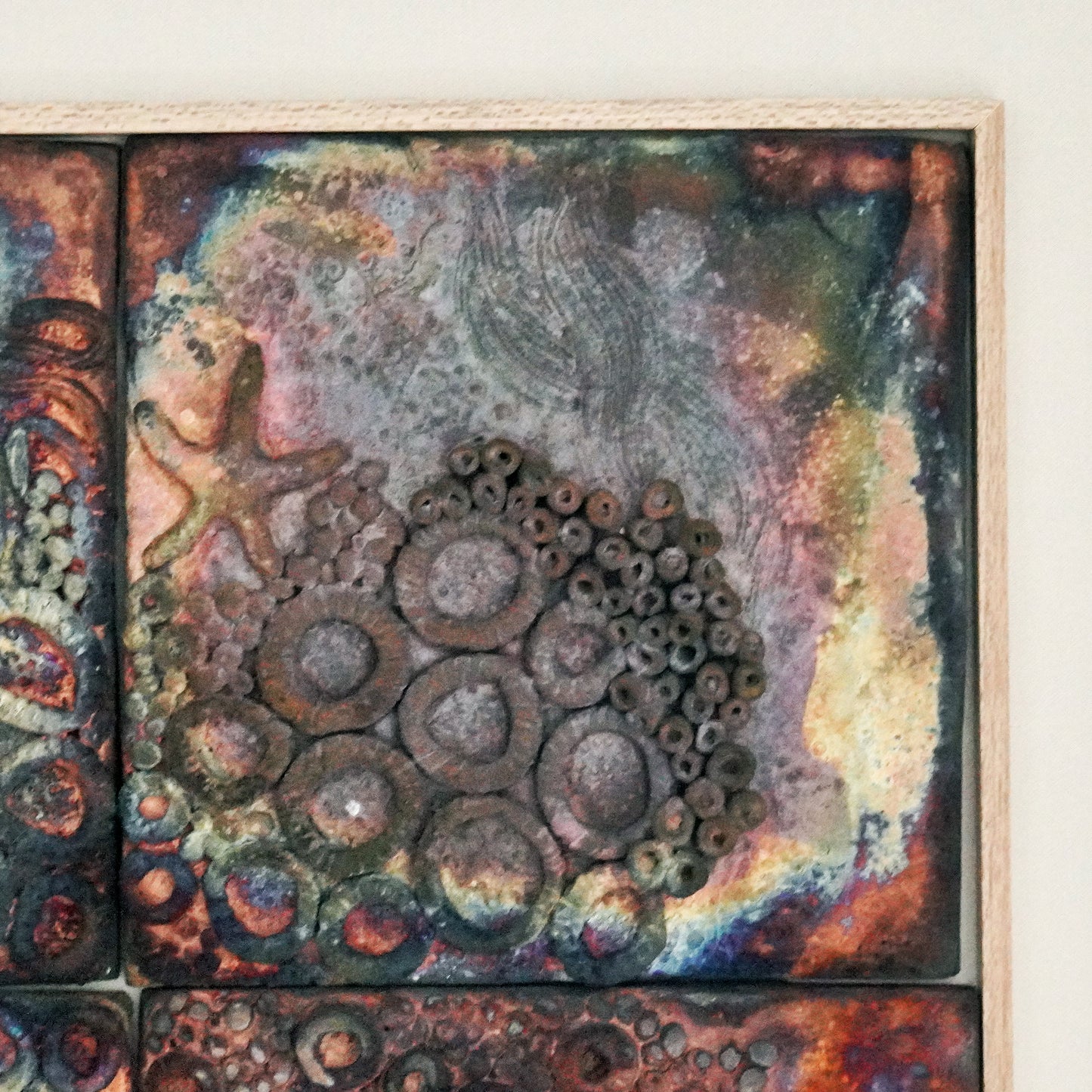Kaiga 4 - 2' x 2' framed raku ceramic wall sculpture - RAAQUU Serial No. 2400014