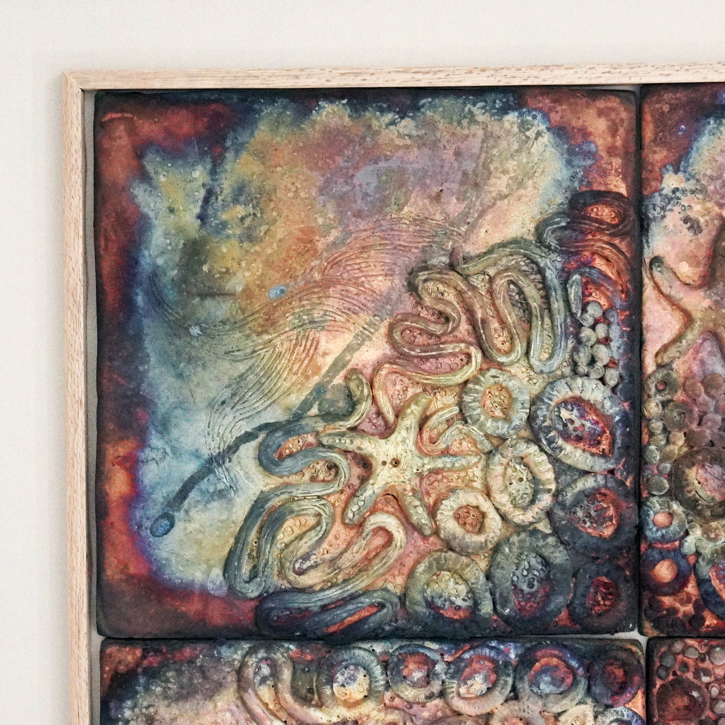 Kaiga 4 - 2' x 2' framed raku ceramic wall sculpture - RAAQUU Serial No. 2400014