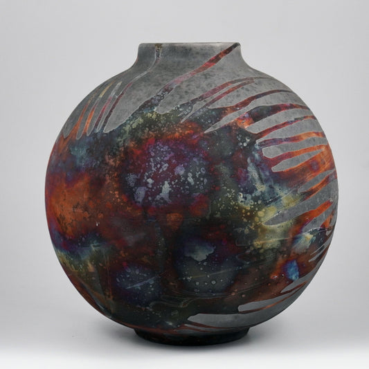 RAAQUU Large Globe Ceramic Vase Carbon Copper S/N0000782 11" Raku Pottery