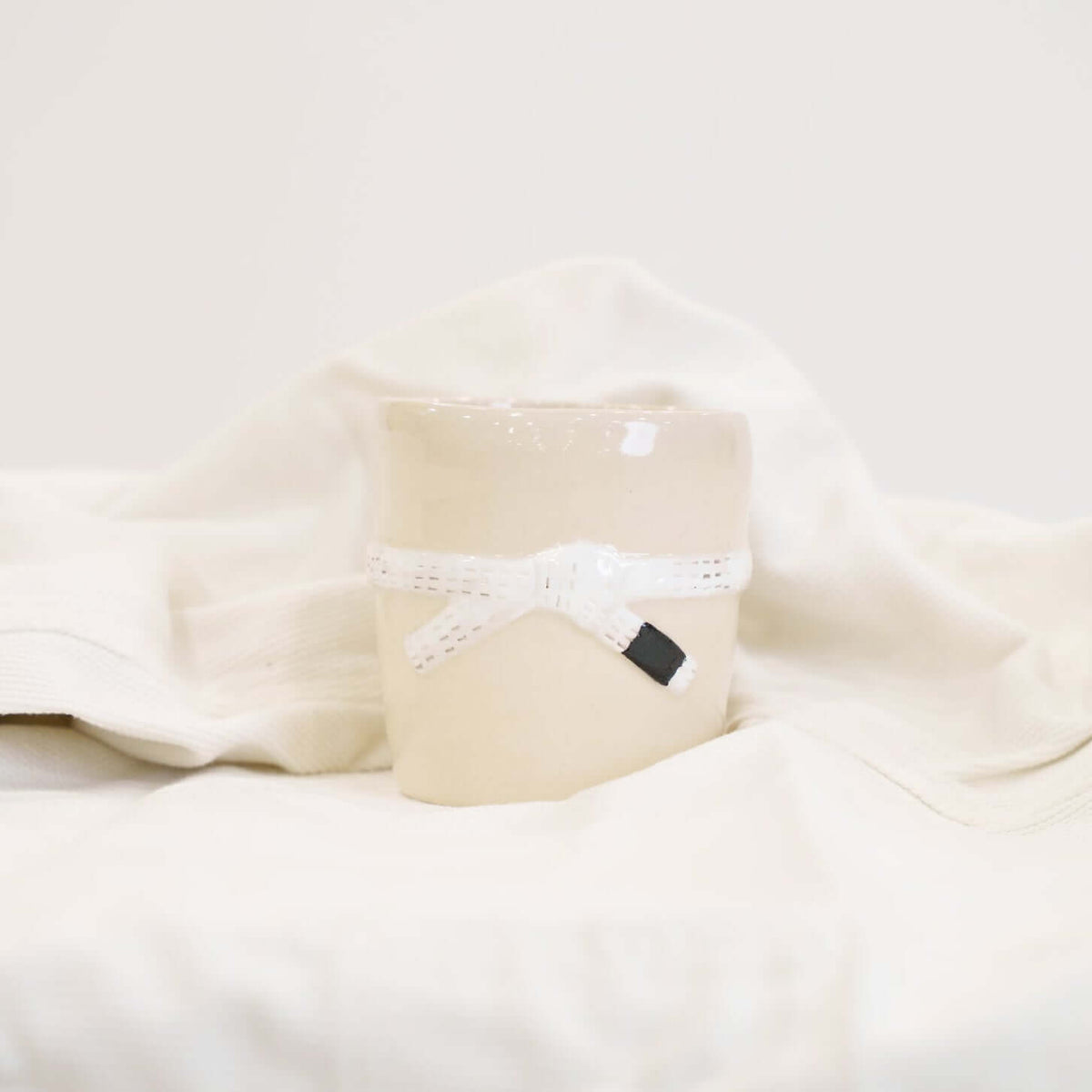 A cream colored mug with a white brazilian jiu jitsu belt design
