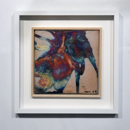 Kaiga 1 - 1' x 1' framed raku ceramic wall art - RAAQUU Serial No. 2400007 Unique Handmade ceramic pottery raku vases, urns, and home decor, sculptures, wall decor, gifts by Adil Ghani