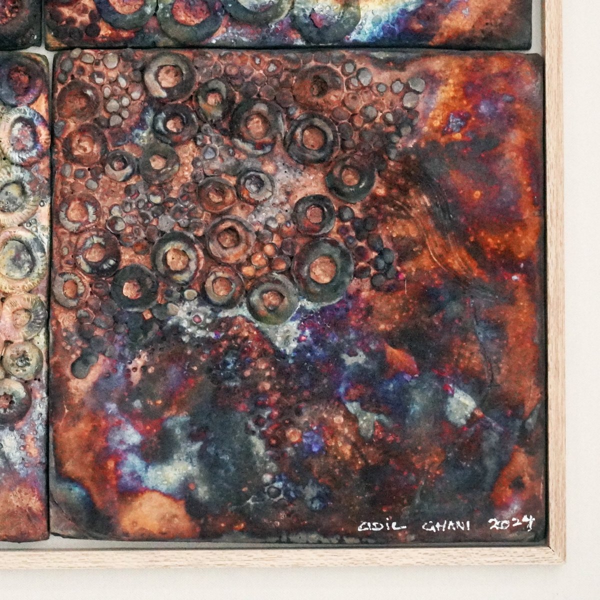 Kaiga 4 - 2' x 2' framed raku ceramic wall sculpture - RAAQUU Serial No. 2400014 - RAAQUU