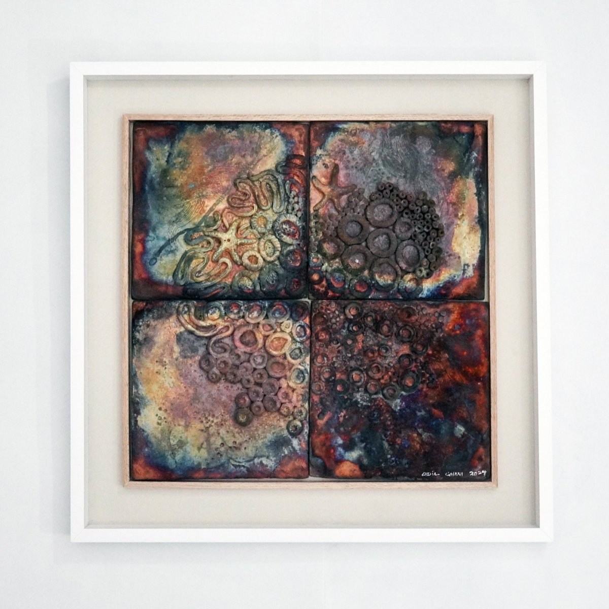 Kaiga 4 - 2' x 2' framed raku ceramic wall sculpture - RAAQUU Serial No. 2400014 - RAAQUU