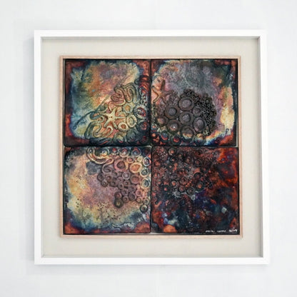 Kaiga 4 - 2' x 2' framed raku ceramic wall sculpture - RAAQUU Serial No. 2400014 - RAAQUU