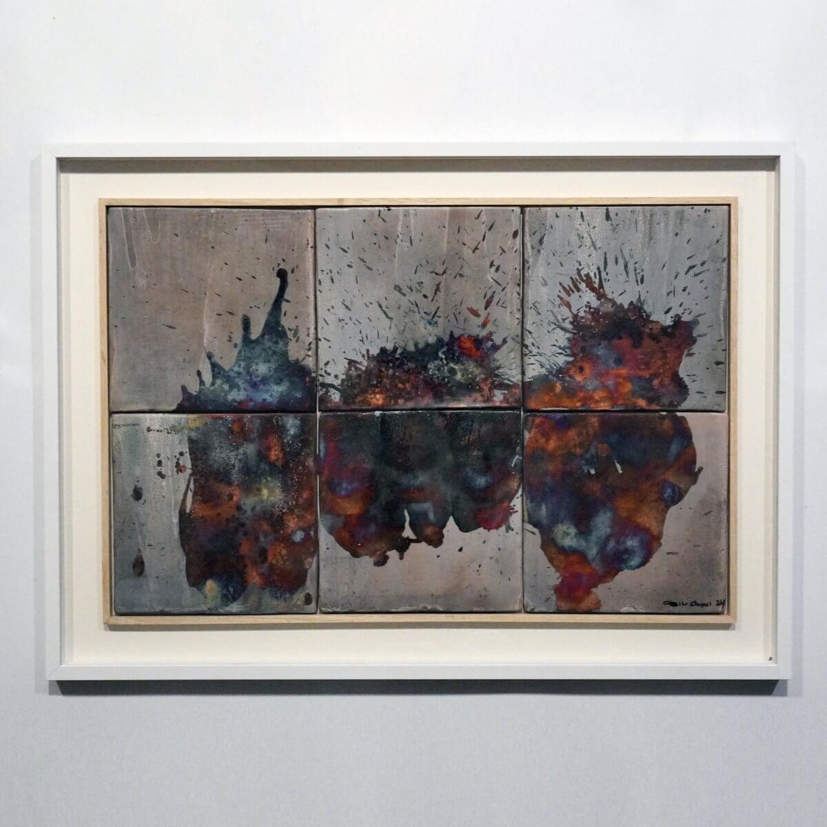 Kaiga 6 - 2' x 6' framed raku ceramic wall art - RAAQUU Serial No. 2400001 Unique Handmade ceramic pottery raku vases, urns, and home decor, sculptures, wall decor, gifts by Adil Ghani