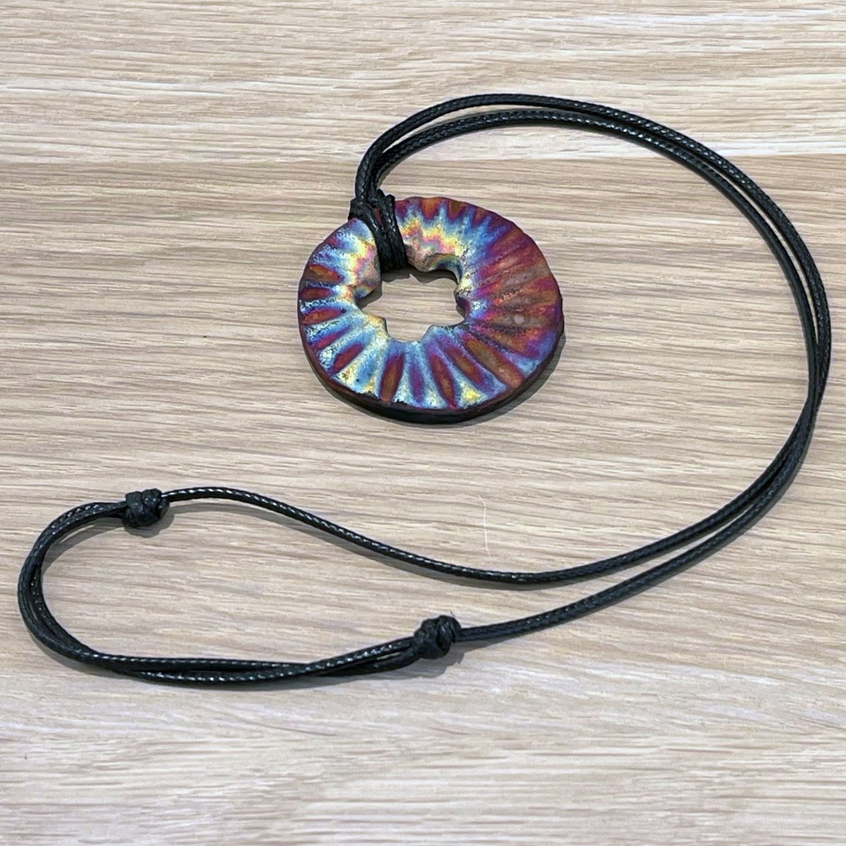 Kubi M014 Scalloped Circle Raku Pendant Necklace - Handmade gift for her - RAAQUU