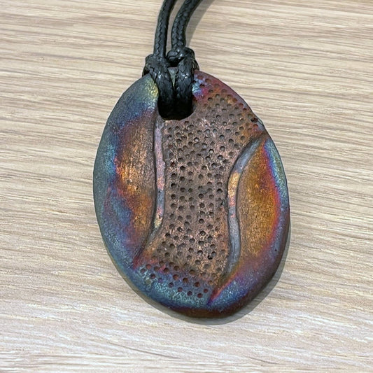 Kubi M015 Dimpled Oval Raku Pendant Necklace - Handmade gift for her - RAAQUU