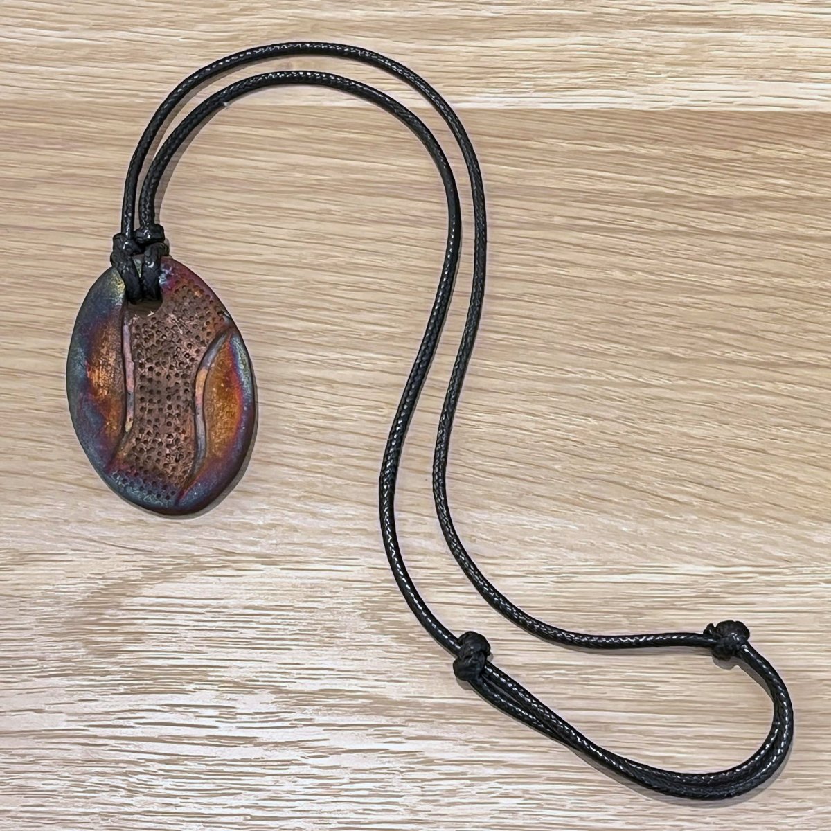 Kubi M015 Dimpled Oval Raku Pendant Necklace - Handmade gift for her - RAAQUU