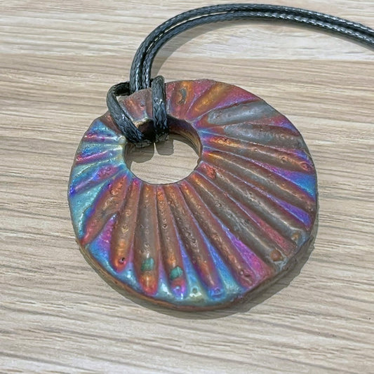 Kubi M018 Scalloped Circle Raku Pendant Necklace - Handmade gift for her - RAAQUU