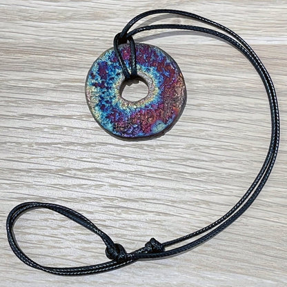 Kubi M019 Ring Circle Raku Pendant Necklace - Handmade gift for her - RAAQUU