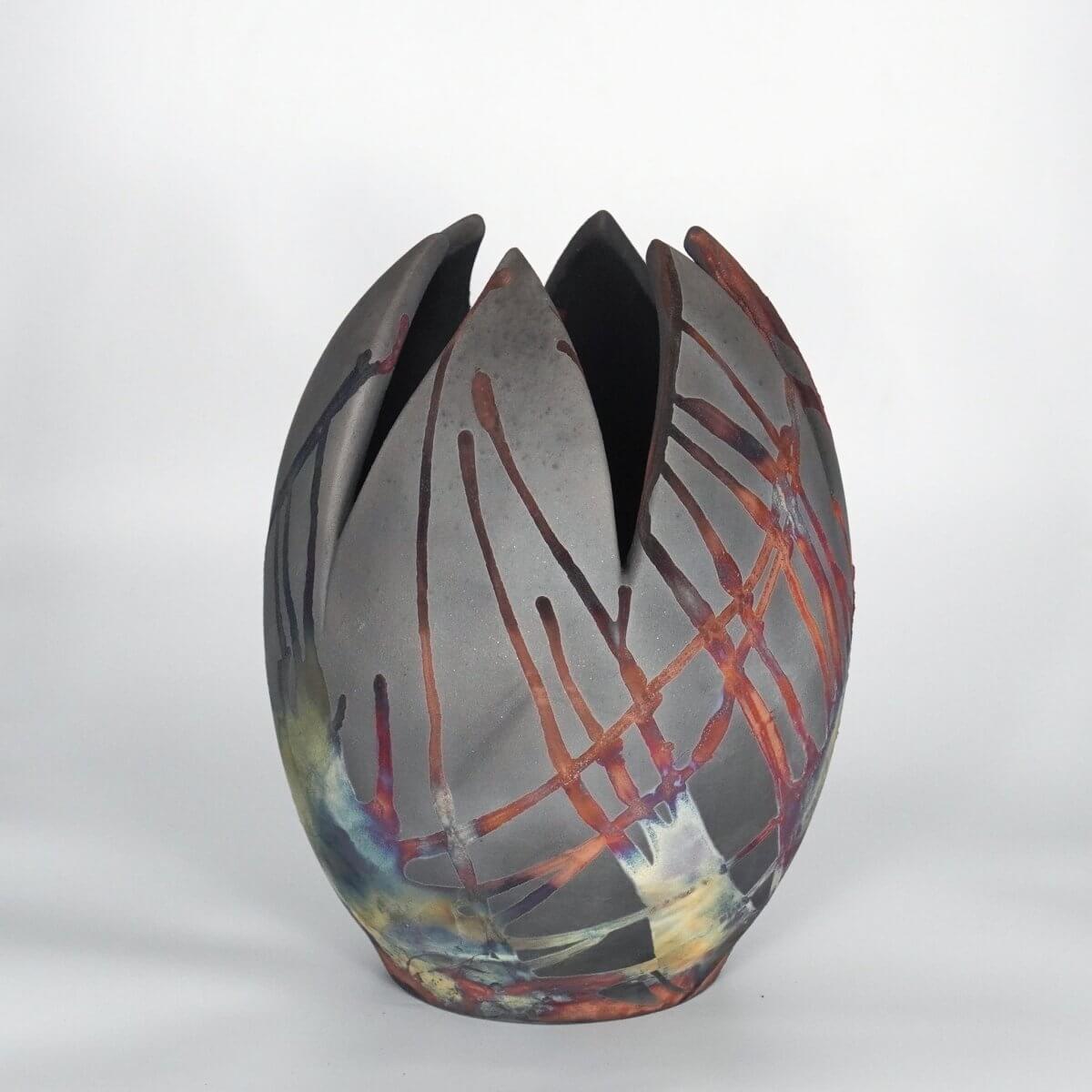 RAAQUU Large Flower Ceramic Vase Carbon Copper S/N0000172 11" Raku Pottery Unique Handmade ceramic pottery raku vases, urns, and home decor, sculptures, wall decor, gifts by Adil Ghani