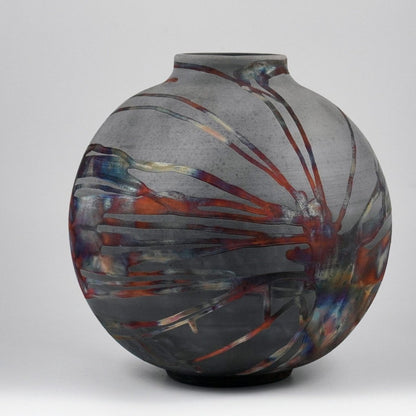 RAAQUU Large Globe Ceramic Vase Carbon Copper S/N0000580 11" Raku Pottery - RAAQUU
