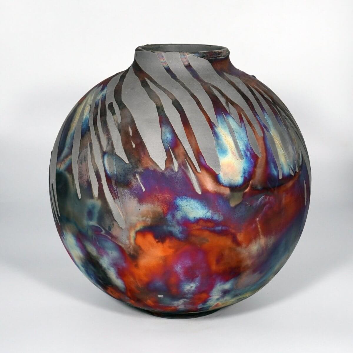 RAAQUU Large Globe Ceramic Vase Carbon Copper S/N0000760 11" Raku Pottery Unique Handmade ceramic pottery raku vases, urns, and home decor, sculptures, wall decor, gifts by Adil Ghani