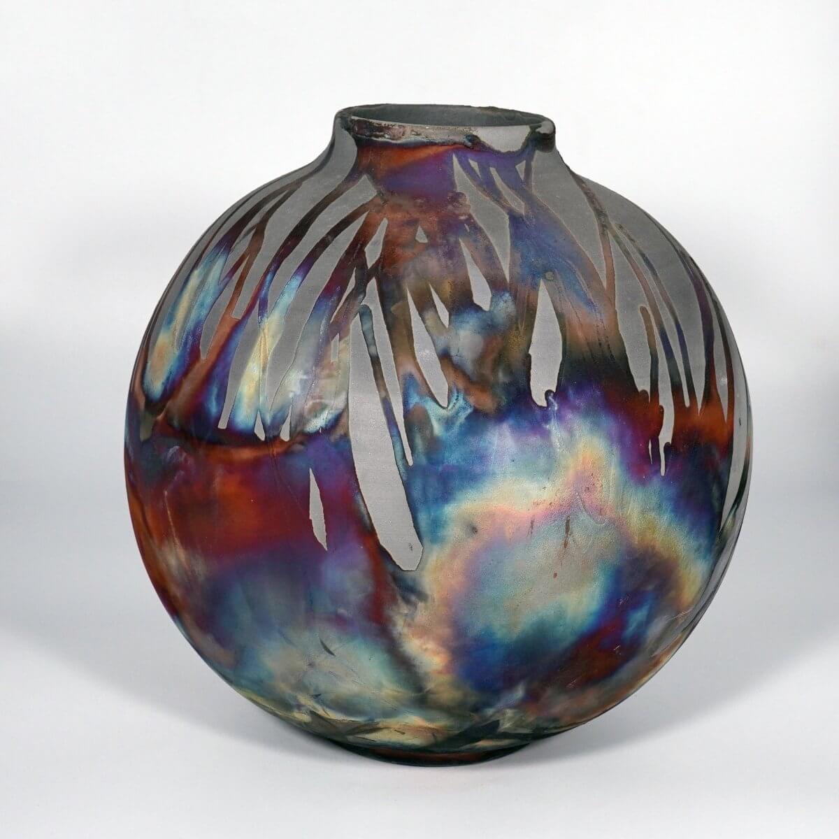 RAAQUU Large Globe Ceramic Vase Carbon Copper S/N0000760 11" Raku Pottery Unique Handmade ceramic pottery raku vases, urns, and home decor, sculptures, wall decor, gifts by Adil Ghani