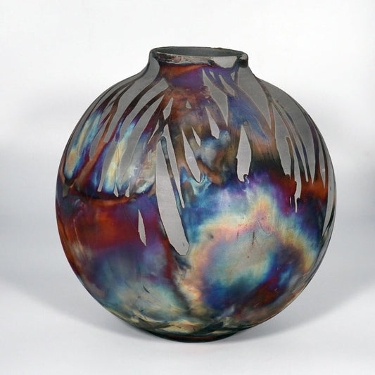RAAQUU Large Globe Ceramic Vase Carbon Copper S/N0000760 11" Raku Pottery Unique Handmade ceramic pottery raku vases, urns, and home decor, sculptures, wall decor, gifts by Adil Ghani