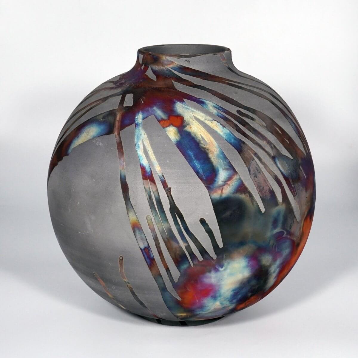 RAAQUU Large Globe Ceramic Vase Carbon Copper S/N0000760 11" Raku Pottery Unique Handmade ceramic pottery raku vases, urns, and home decor, sculptures, wall decor, gifts by Adil Ghani