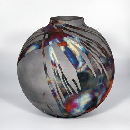 RAAQUU Large Globe Ceramic Vase Carbon Copper S/N0000760 11" Raku Pottery Unique Handmade ceramic pottery raku vases, urns, and home decor, sculptures, wall decor, gifts by Adil Ghani