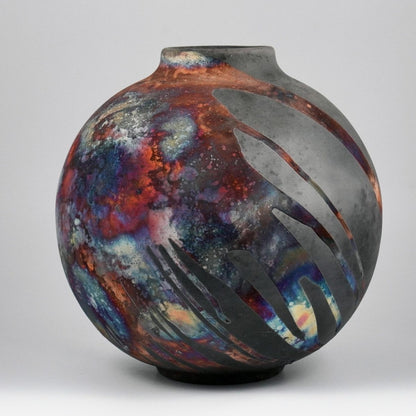 RAAQUU Large Globe Ceramic Vase Carbon Copper S/N0000765 11" Raku Pottery - RAAQUU
