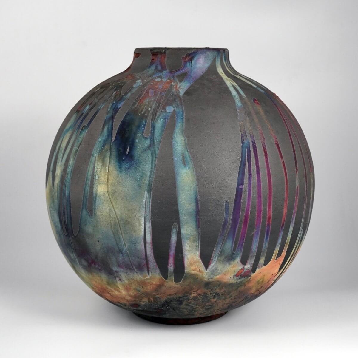 RAAQUU Large Globe Ceramic Vase Carbon Copper S/N0000774 11" Raku Pottery Unique Handmade ceramic pottery raku vases, urns, and home decor, sculptures, wall decor, gifts by Adil Ghani