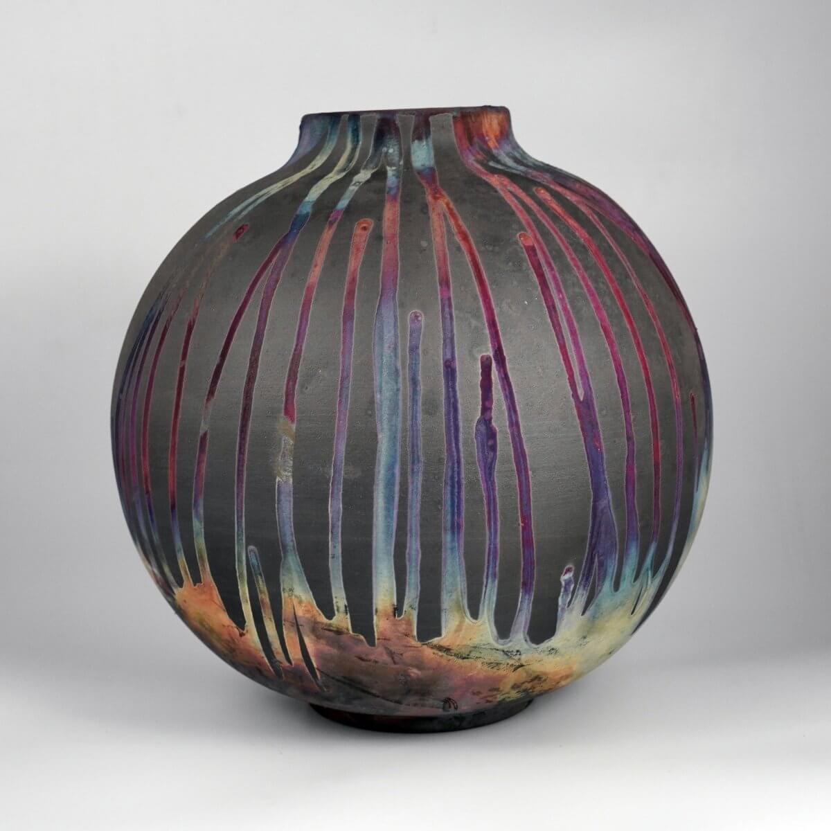 RAAQUU Large Globe Ceramic Vase Carbon Copper S/N0000774 11" Raku Pottery Unique Handmade ceramic pottery raku vases, urns, and home decor, sculptures, wall decor, gifts by Adil Ghani