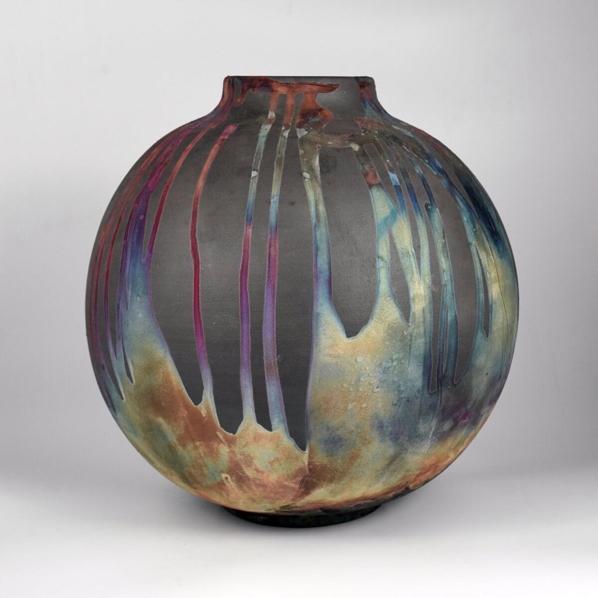 RAAQUU Large Globe Ceramic Vase Carbon Copper S/N0000774 11" Raku Pottery Unique Handmade ceramic pottery raku vases, urns, and home decor, sculptures, wall decor, gifts by Adil Ghani
