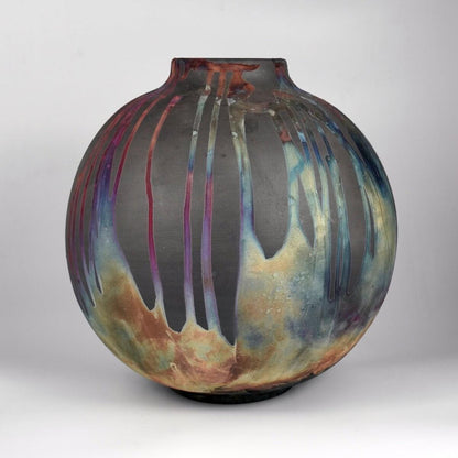 RAAQUU Large Globe Ceramic Vase Carbon Copper S/N0000774 11" Raku Pottery Unique Handmade ceramic pottery raku vases, urns, and home decor, sculptures, wall decor, gifts by Adil Ghani
