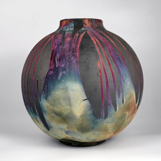 RAAQUU Large Globe Ceramic Vase Carbon Copper S/N0000774 11" Raku Pottery Unique Handmade ceramic pottery raku vases, urns, and home decor, sculptures, wall decor, gifts by Adil Ghani