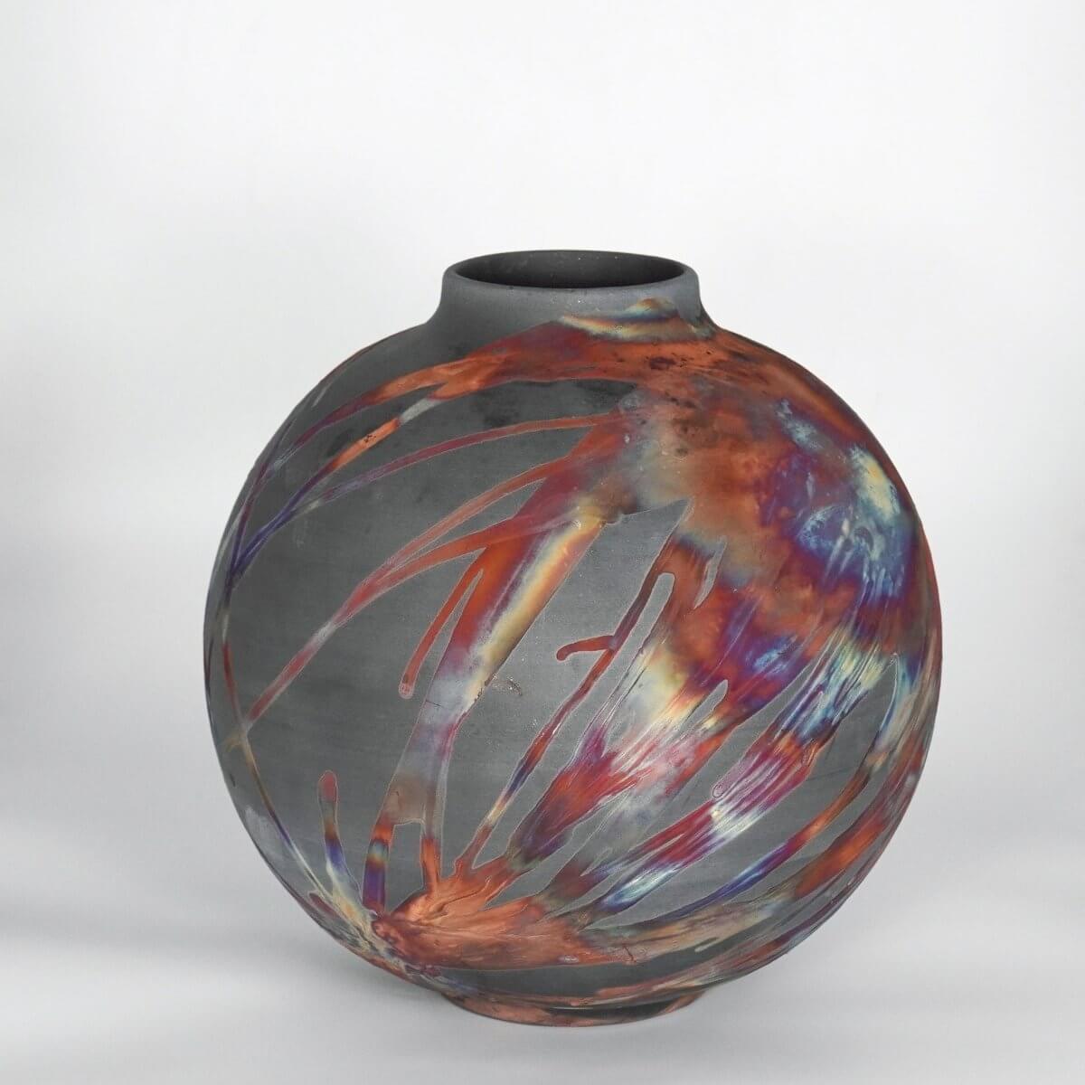 RAAQUU Large Globe Ceramic Vase Carbon Copper S/N0000787 11" Raku Pottery Unique Handmade ceramic pottery raku vases, urns, and home decor, sculptures, wall decor, gifts by Adil Ghani