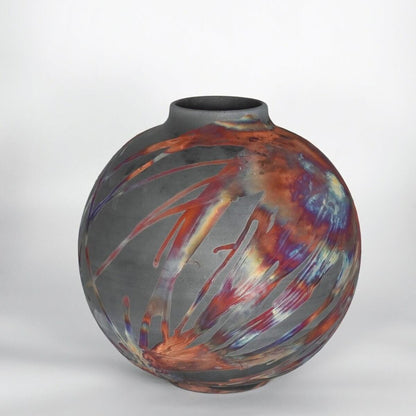 RAAQUU Large Globe Ceramic Vase Carbon Copper S/N0000787 11" Raku Pottery Unique Handmade ceramic pottery raku vases, urns, and home decor, sculptures, wall decor, gifts by Adil Ghani