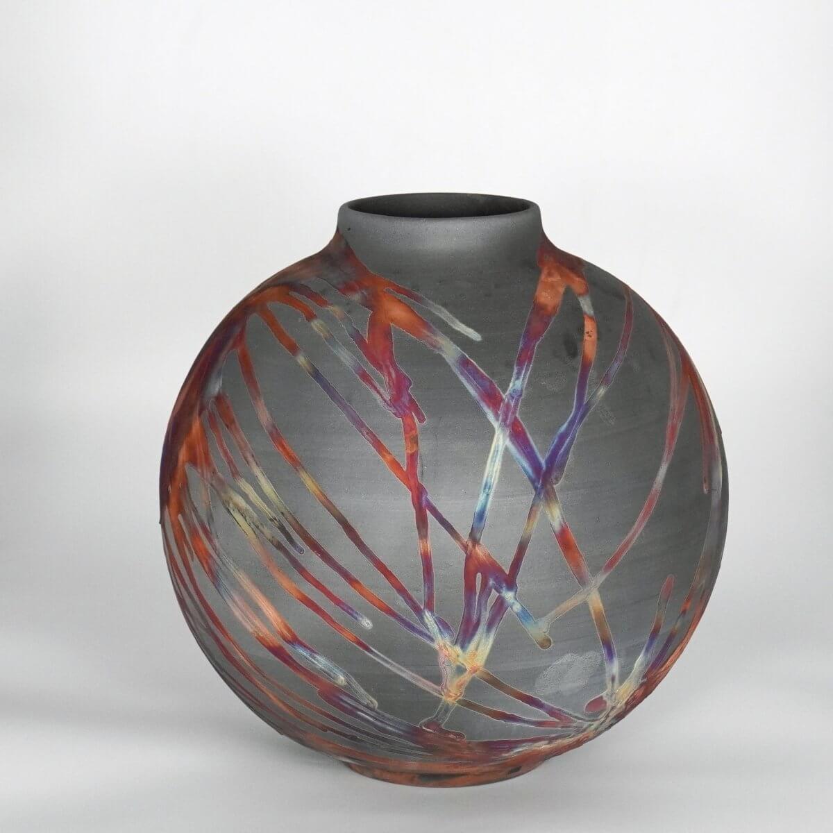 RAAQUU Large Globe Ceramic Vase Carbon Copper S/N0000787 11" Raku Pottery Unique Handmade ceramic pottery raku vases, urns, and home decor, sculptures, wall decor, gifts by Adil Ghani