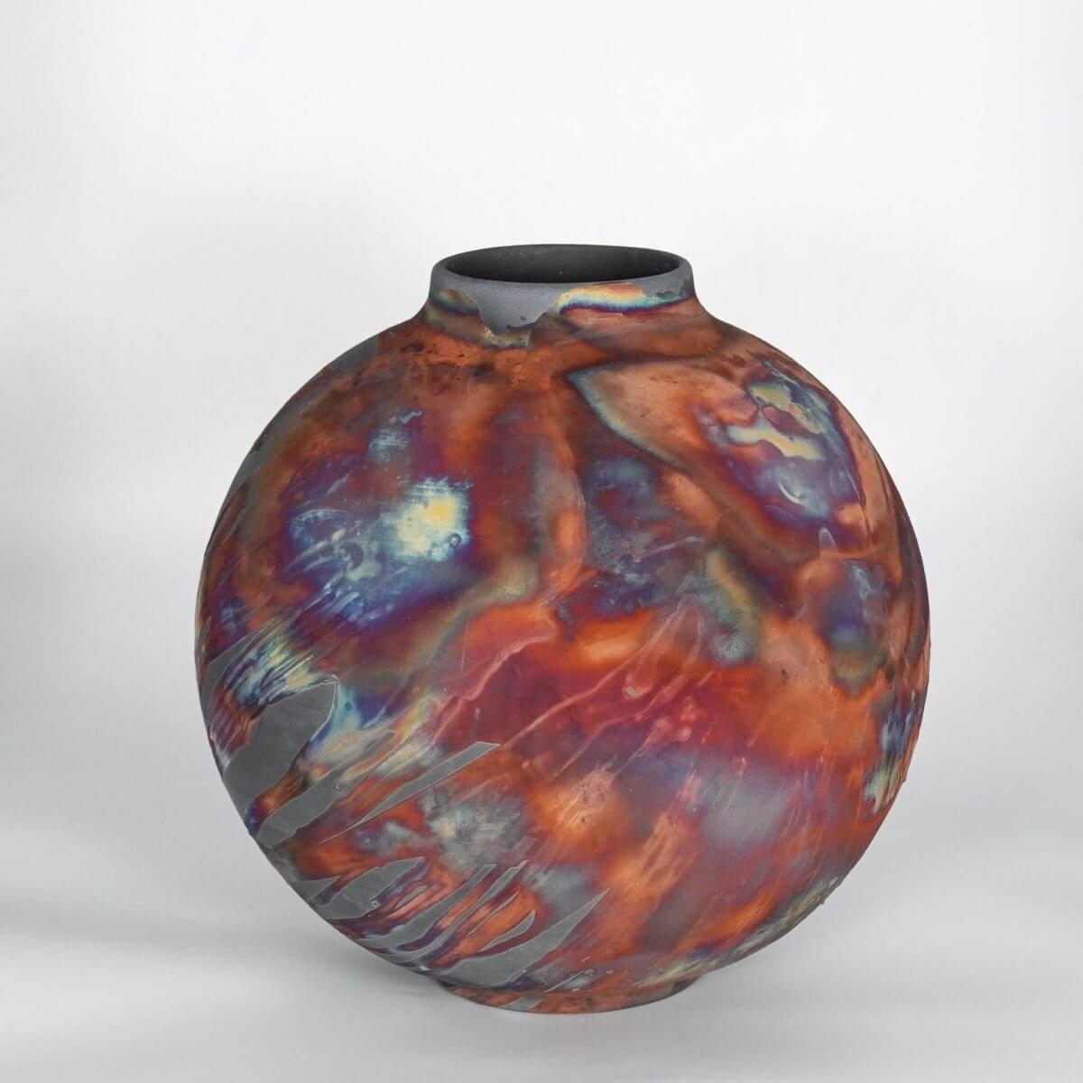 RAAQUU Large Globe Ceramic Vase Carbon Copper S/N0000787 11" Raku Pottery Unique Handmade ceramic pottery raku vases, urns, and home decor, sculptures, wall decor, gifts by Adil Ghani