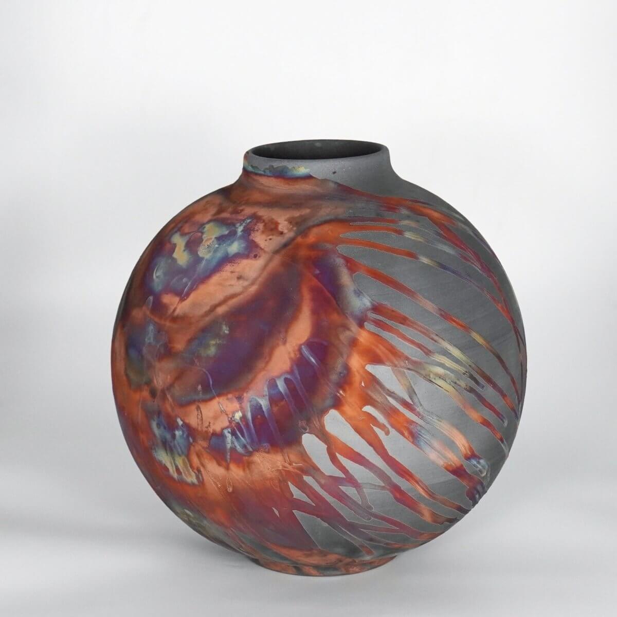 RAAQUU Large Globe Ceramic Vase Carbon Copper S/N0000787 11" Raku Pottery Unique Handmade ceramic pottery raku vases, urns, and home decor, sculptures, wall decor, gifts by Adil Ghani